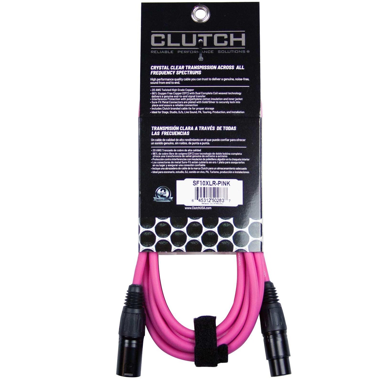 Clutch 10' Pink Sure-Fit XLR Female to Male Microphone / Speaker Cable